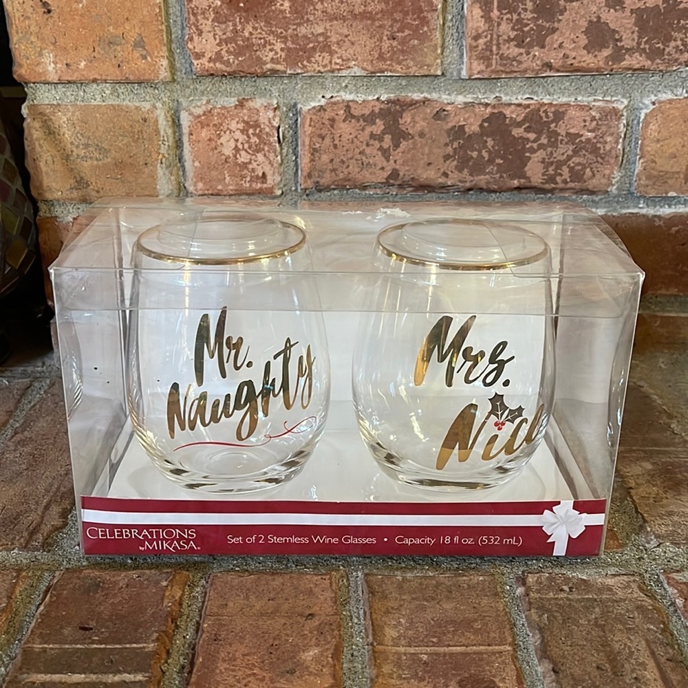 NIB Mikasa Mr. Naughty & Mrs. Nice Stemless Wine Glasses